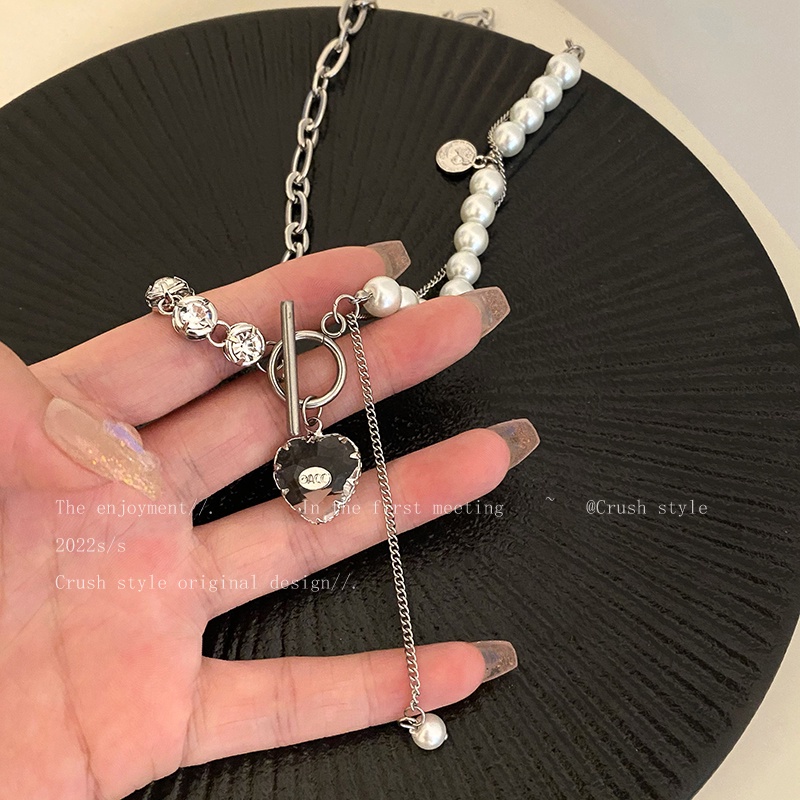 Kalung Rantai Choker Liontin Hati Hias Mutiara Kristal Warna Silver Untuk Wanita