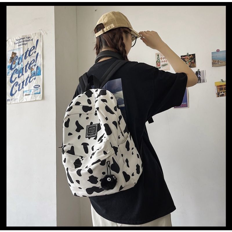 Ransel Fashion Wanita Tas Sekolah Bergaris Sapi Harajuku untuk Anak Perempuan Ransel Sekolah Siswa Kapasitas Besar Tahan Air Nilon