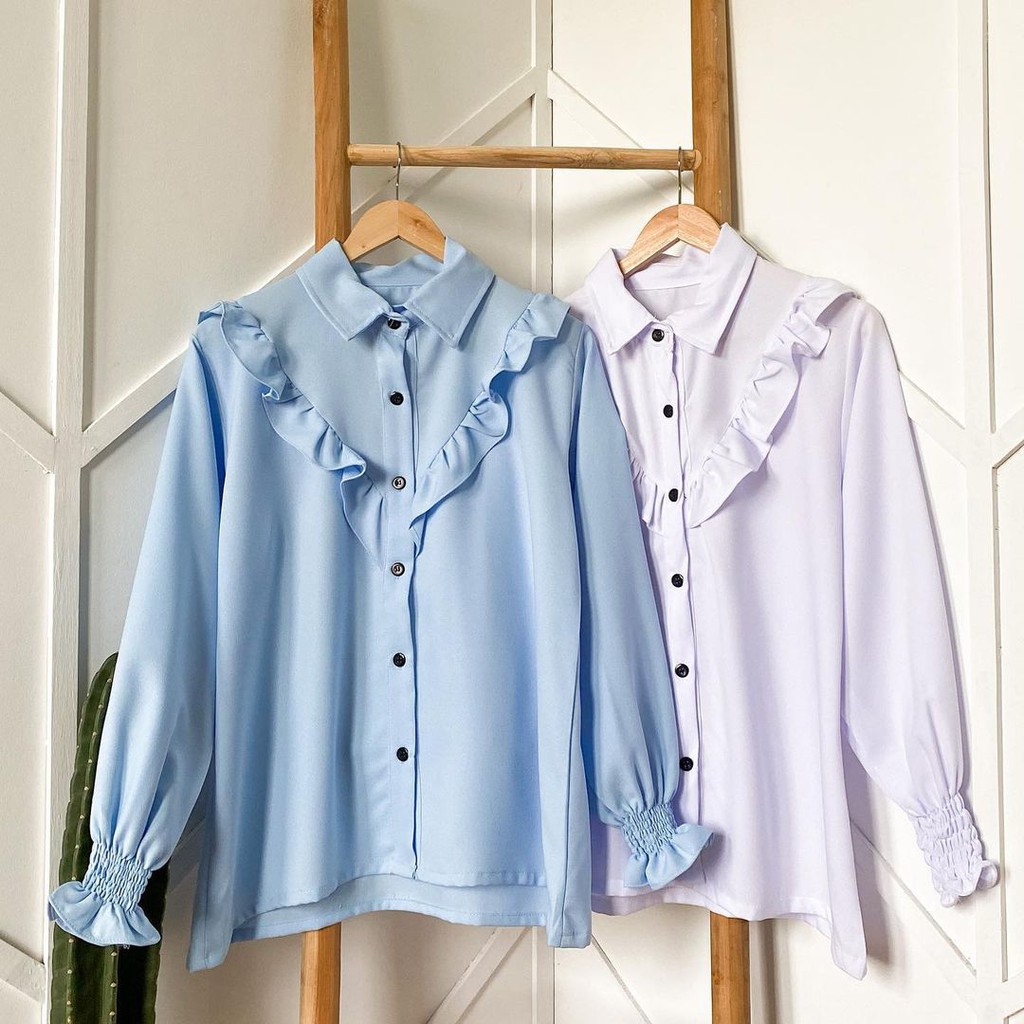 Baju Kemeja Wanita Formal  Style Korea Atasan Polos Casual Putih Lengan Panjang Outfit Ngantor-3