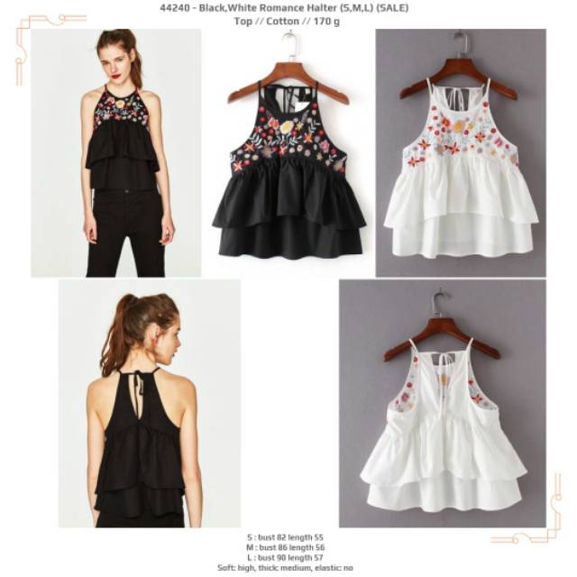 Blouse tank top bordir bunga-bunga putih hitam