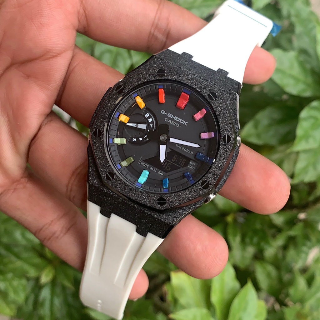 Casioak Gshock GA 2100 Rainbow Diamond Black Rubber White 44mm