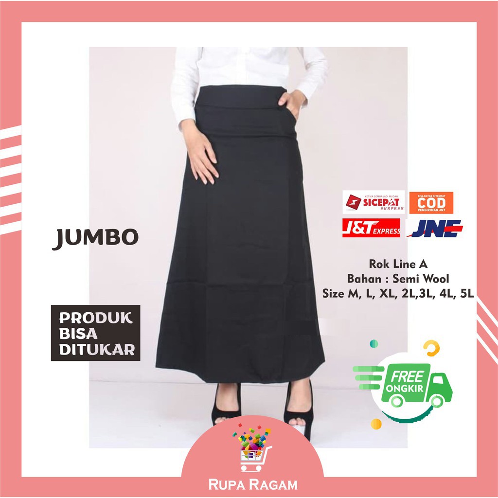 Rupa Ragam Rok Kerja Wanita Jumbo Big Over Size 5XL 4XL 3XL 2XL XL L M S Rok Hitam Panjang Polos Wan