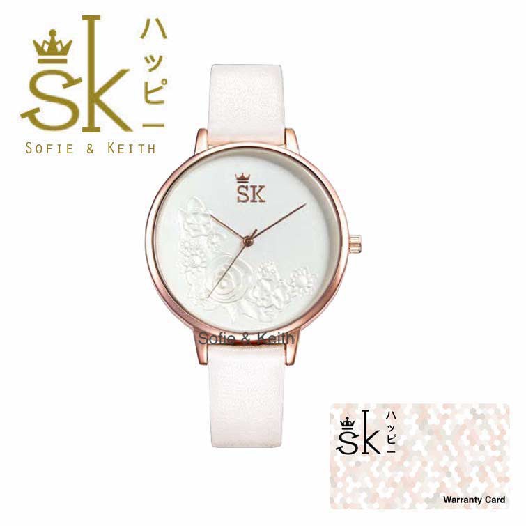 SK Mawar 3D [ Putih ] Jam Tangan Water Resistant Wanita Fashion Strap Leather - SK_814