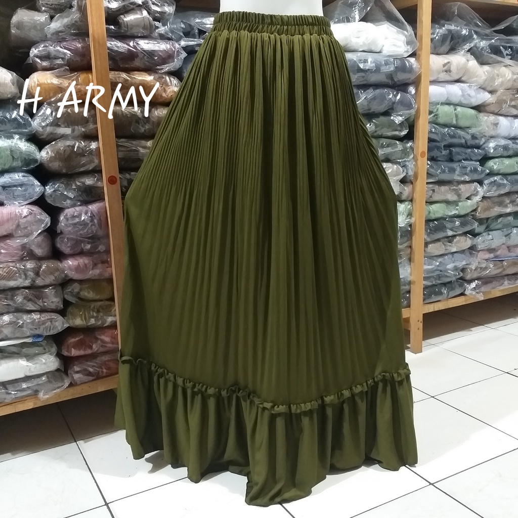 Rok panjang Plisket Lidi Cabang Rok muslim/Mayung/Payung Longgar/jumbo Bawahan Terbaru Termurah Terlaris-Hijau Army