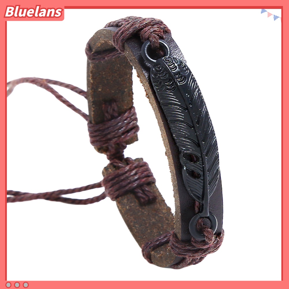 Bluelans Men Faux Leather Feather Adjustable Rope Braided Bracelet Wristband Jewelry