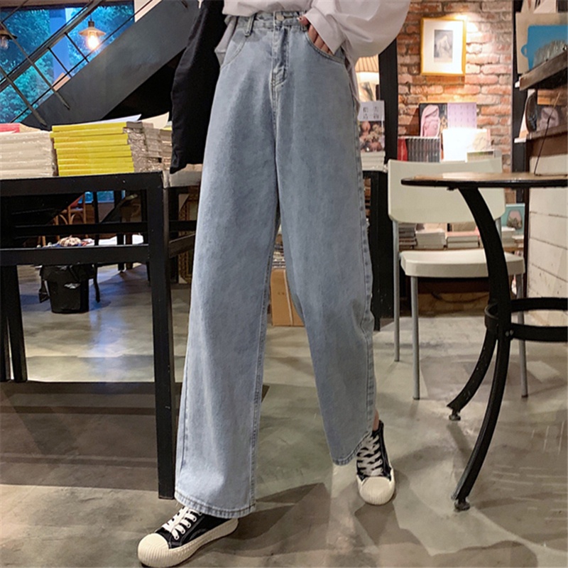 korean style new biru muda straight celana jeans longgar wanita