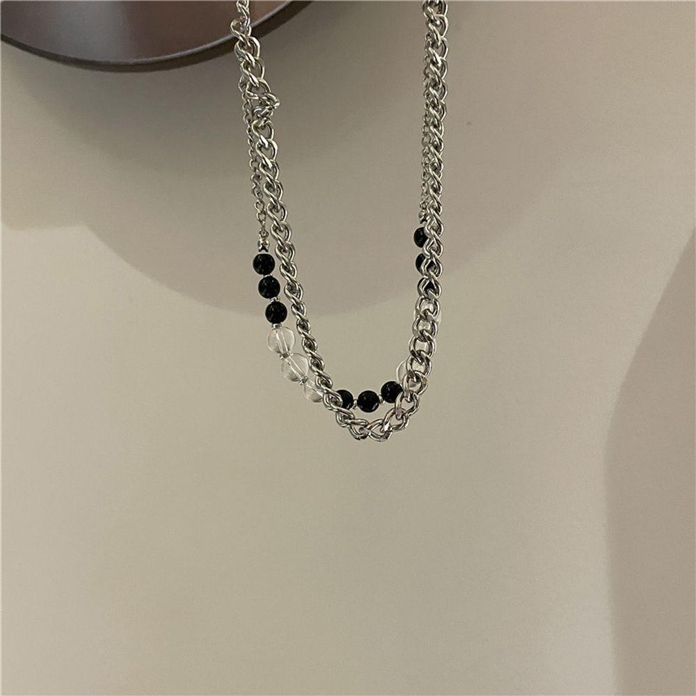 Needway Wanita Kalung Punk Fashion Perhiasan Mutiara Manik Lapisan Ganda Liontin Hati Hitam