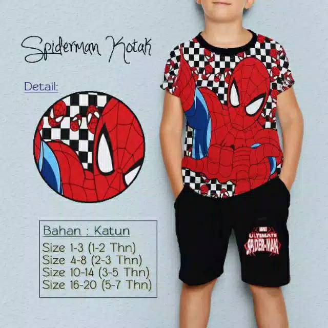 Setelan anak spiderman catur kotak topeng / set anak spiderman / kaos anak spiderman kotak hayami