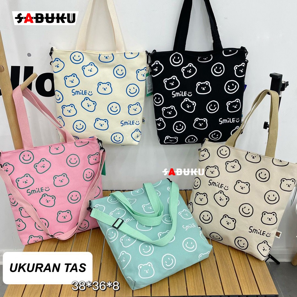 Tas Totebag SMILE Tas Selempang Sekolah Totebag Fashion Wanita Bahan Kanvas Premium -252