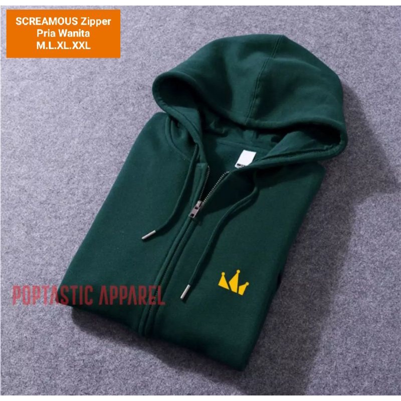 Screamous Sweater Hoodie Zipper Resleting Pria/Wanita Distro Premium Screamous Hijau botol Bahan Fle