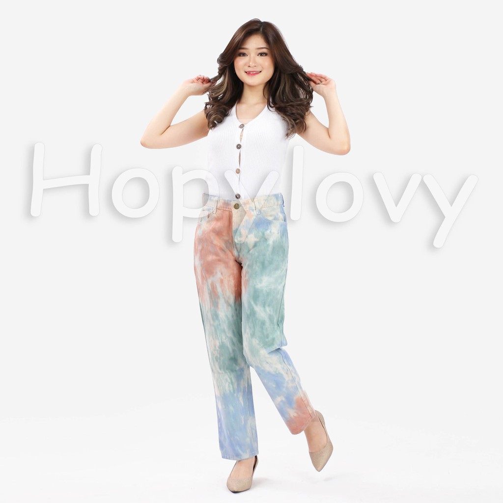 HOPYLOVY - Celana Boyfriend Jeans Wanita Tie Dye Sassa