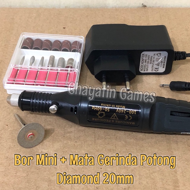 Bor Mini / Gerinda Mini + Mata Diamond + Adaptor Sesuai Dengan Foto