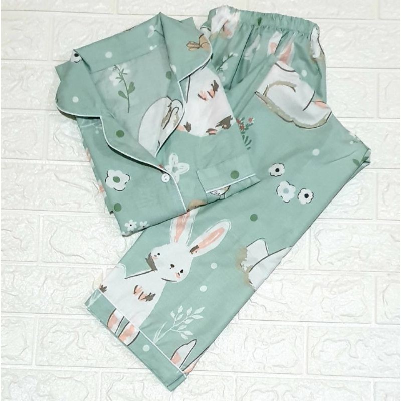 Baju tidur wanita piyama CP bahan soft katun premium adem lembut all size-Rabbit green