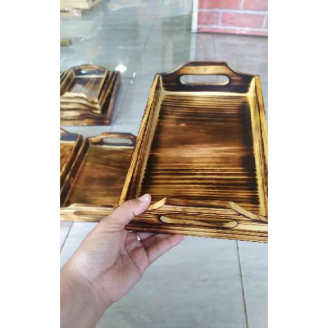 Nampan Kayu / Baki Kayu / Tray Kayu Pinus 28 x 18 Bakaran Melengkung