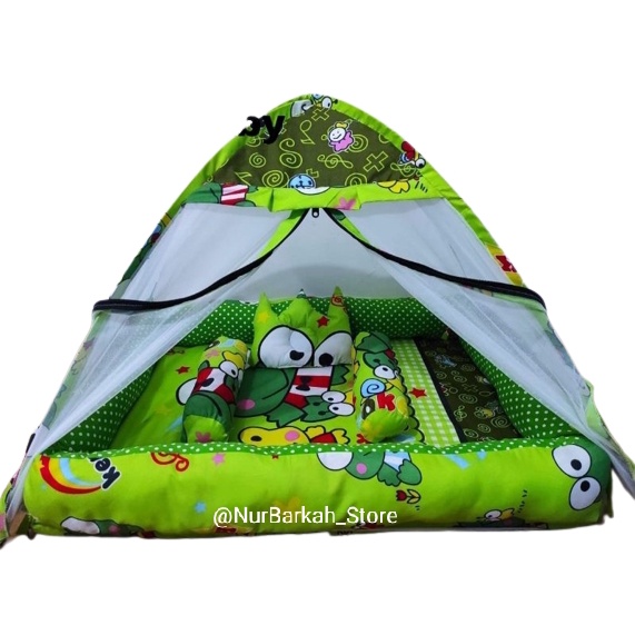 SET KASUR TENDA BAYI KEROPPI HIJAU KELAMBU BANTAL ANTI PEYANG GULING SELIMUT BEDCOVER GENDONGAN ANAK