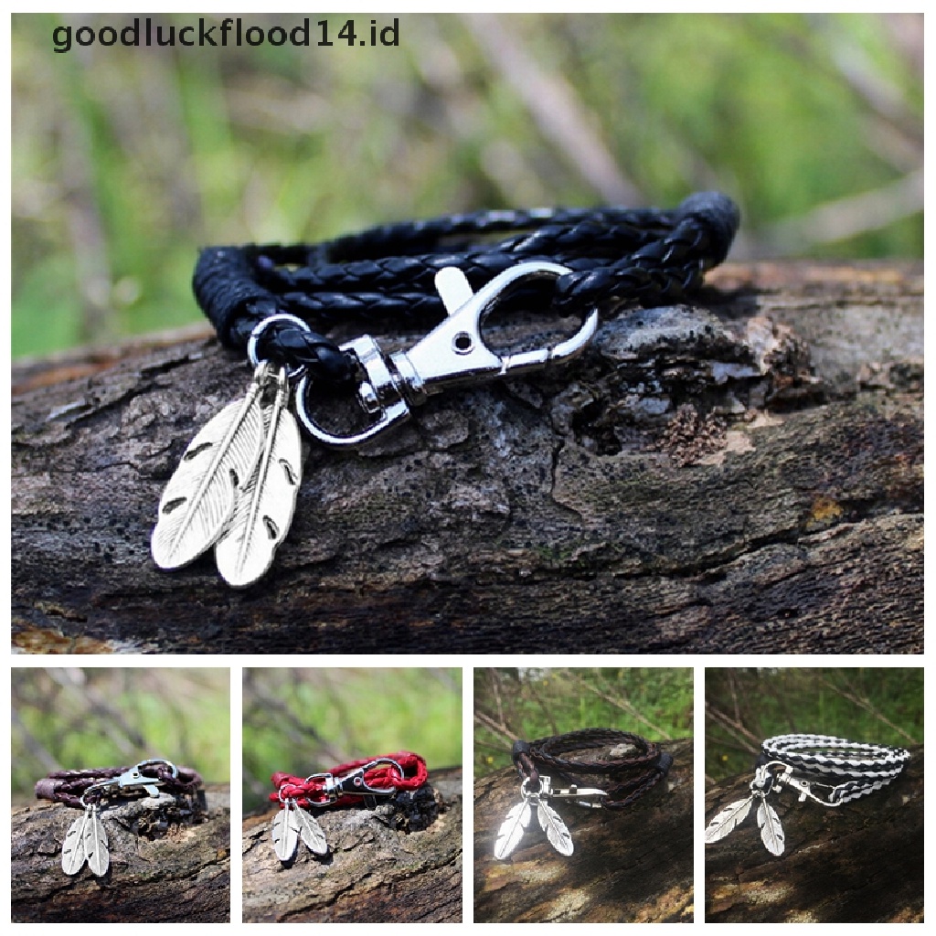 [OOID] Fashion New Bangles Men Jewelry Accessories PU Leather Feather Charm Bracelets ID