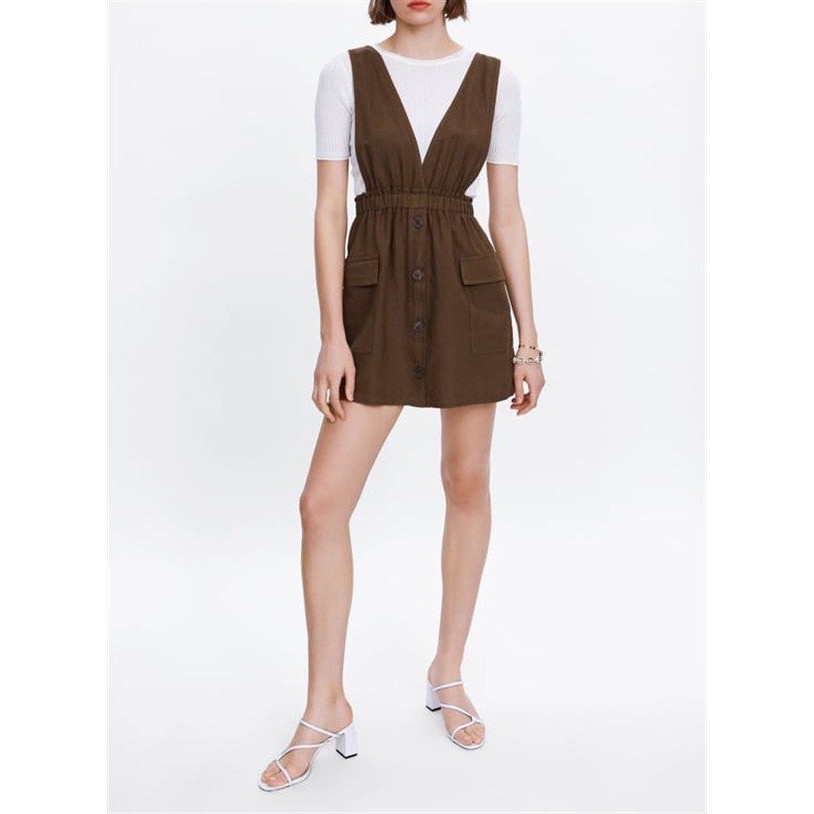Dress V Neck Overall Warna Coklat