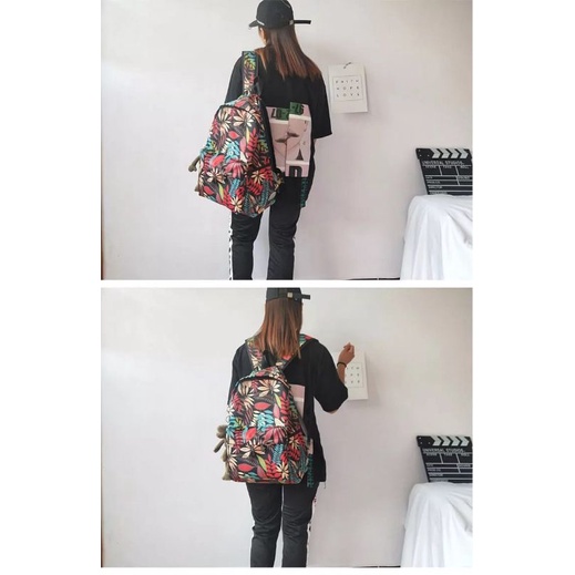 Tas Wanita Ransel Motif Daun Singkong Waterproof Nilon