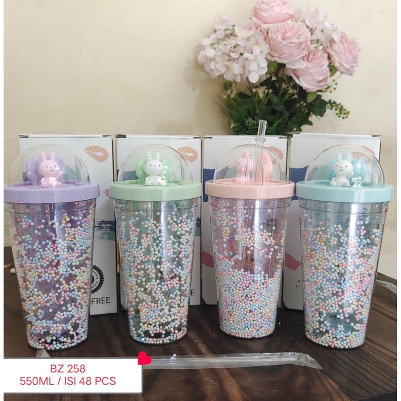 JCO Tumbler Bubble Rabbit / Gelas Minum / Botol Minum Bubble Motif Rabbit Dengan Sedotan 550ml BPA F