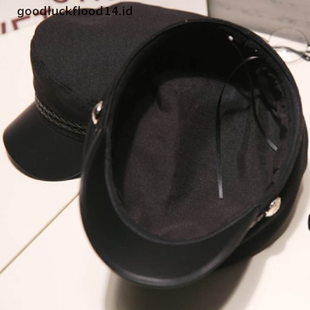 [OOID] Leather Military Hat  Sailor Hats Flat Top Captain Cap Travel Cadet Hat ID