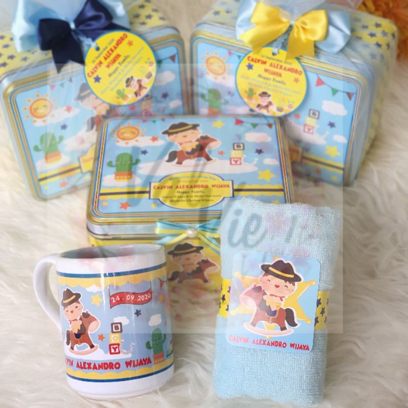 Souvenir Kaleng Mug Handuk One Month Aqiqah Souvenir Satu Bulan Anak Souvenir Mug Kaleng