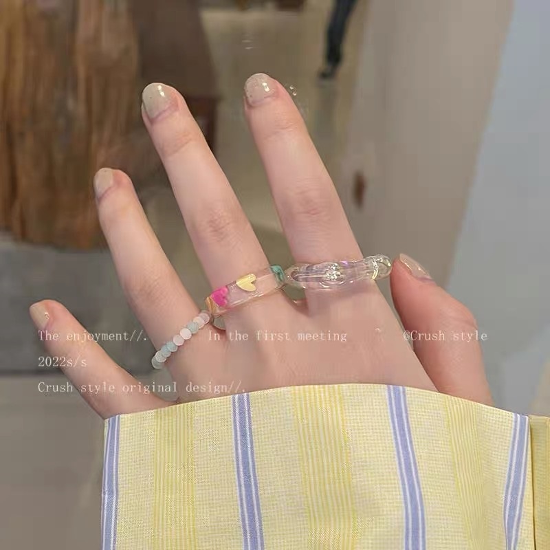 YEEZII Set Perhiasan Cincin Kristal Mutiara Resin Model Hati Putar Rongga Dapat Disesuaikan Untuk Wanita