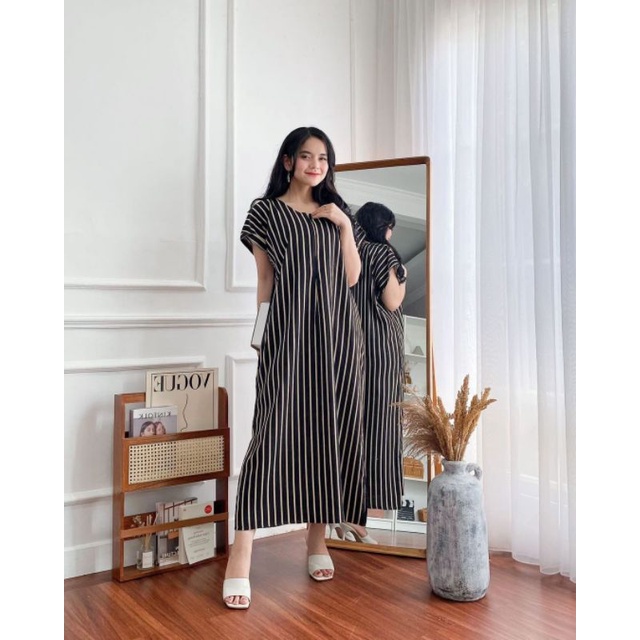 Daster Panjang Semata kaki Busui Kekinian Non Ruffle  AFERO STORE-LONG(SALUR HITAM)