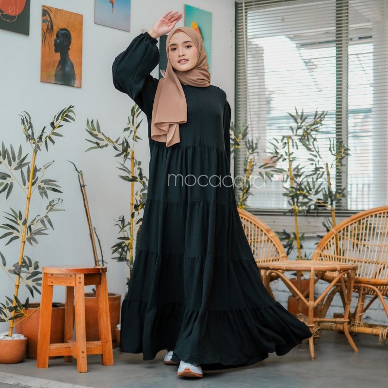 Dress gamis Mewah crincle premium busui 5 susun freesize kerah chiangi hitam putih tulang broken white