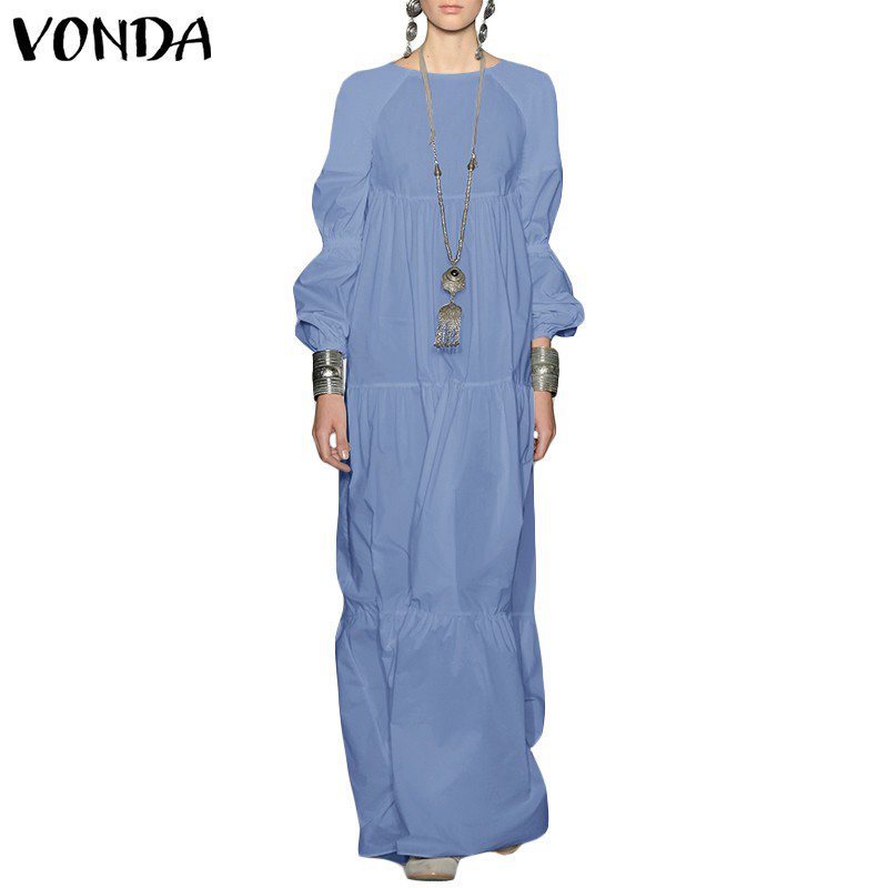 Vonda Women Long Sleeve Solid Color Elegant Party Long Maxi Dress