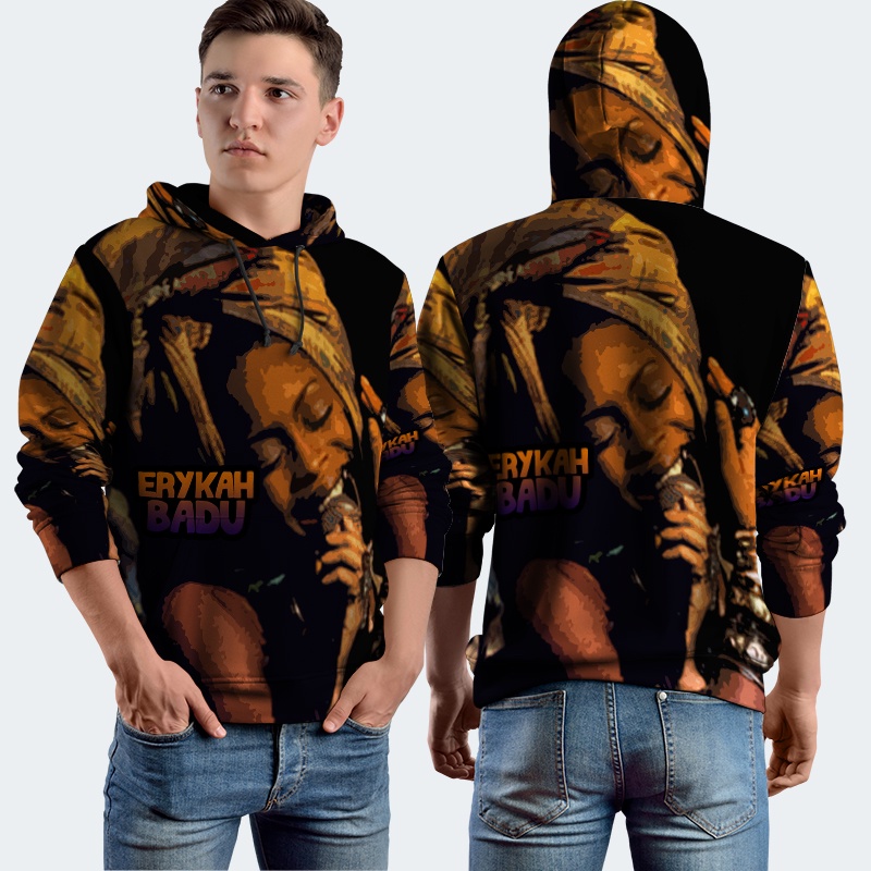 Jaket Hoodie Fullprint Erykah Badu Singer Bahan Polyester Jersey