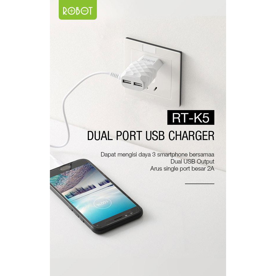 Robot Charger RT-K5 Dual USB Output 2A Charge 3 Devices at Same Time Diamond Shaped Texture