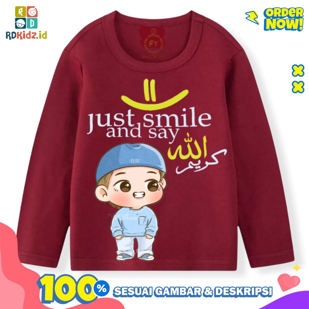 Rdkidzid Atasan Lengan Panjang Anak Laki Laki Kaos Panjang Anak Cowok Motif Smile Maroon