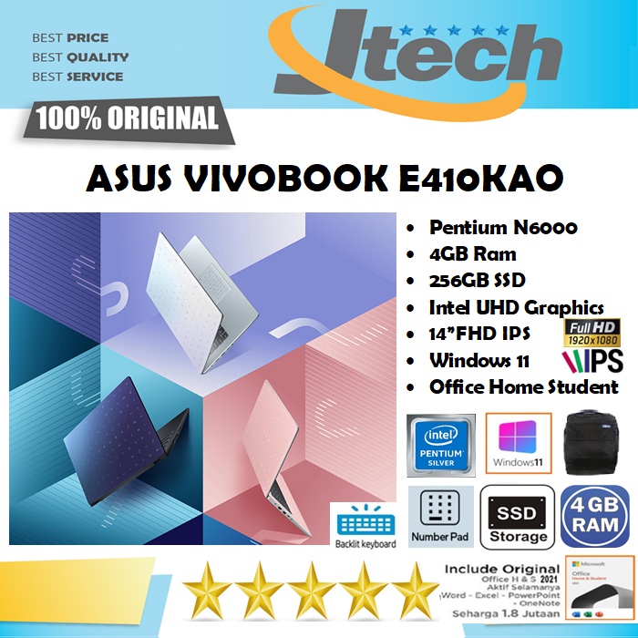 ASUS VIVOBOOK E410KAO - INTEL PENTIUM N6000 - 4GB -  256GB SSD - BACKLIT - 14&quot;FHD IPS - WIN11 - OFFICE HOME STUDENT 2021