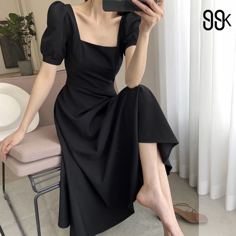 Short Puff Sleeve Midi Dress Wanita Lengan Pendek 2050 (S/M/L)