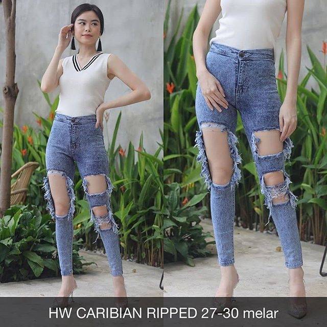Celana Jeans Wanita HW Caribian Ripped Stretch Skinny Sobek Melar Soft Rumbai High Waist