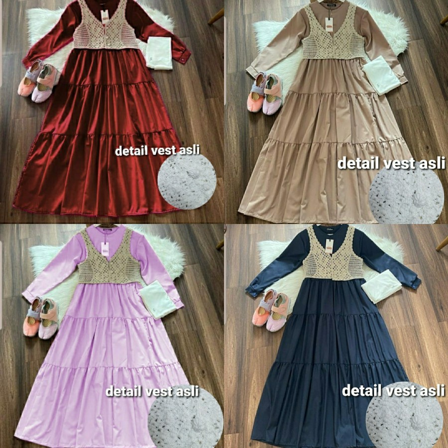 Gamis Rompi Rajut Remaja Luaran Terbaru 2021 Susun tiga kekinian kondangan Set Valleri jala Moscrepe