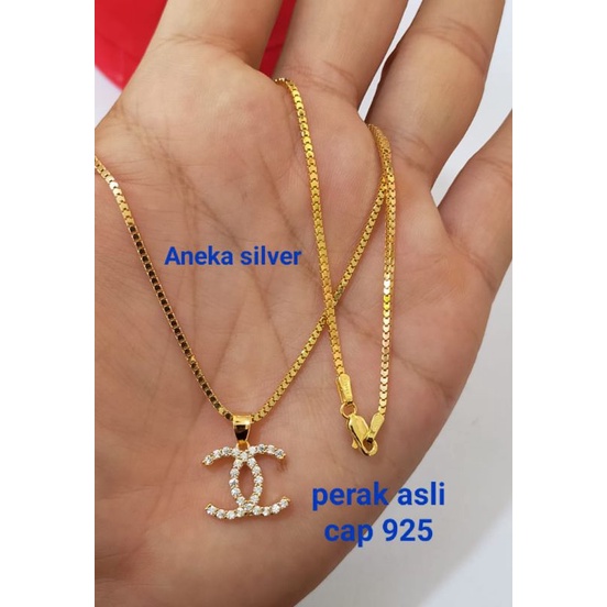 Kalung Milano Kaca + Liontin Chanel mata2, Perak 925, Sepuh Emas Kuning