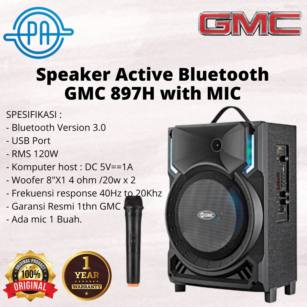 Speaker Bluetooth Portable GMC 897H 8 inch SNI Karaoke Termasuk Mic Wireles Super Bass 897 H