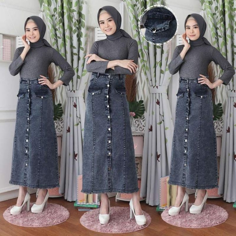 ROK PANJANG JEANS BLACK SNOW FULL BUTTON