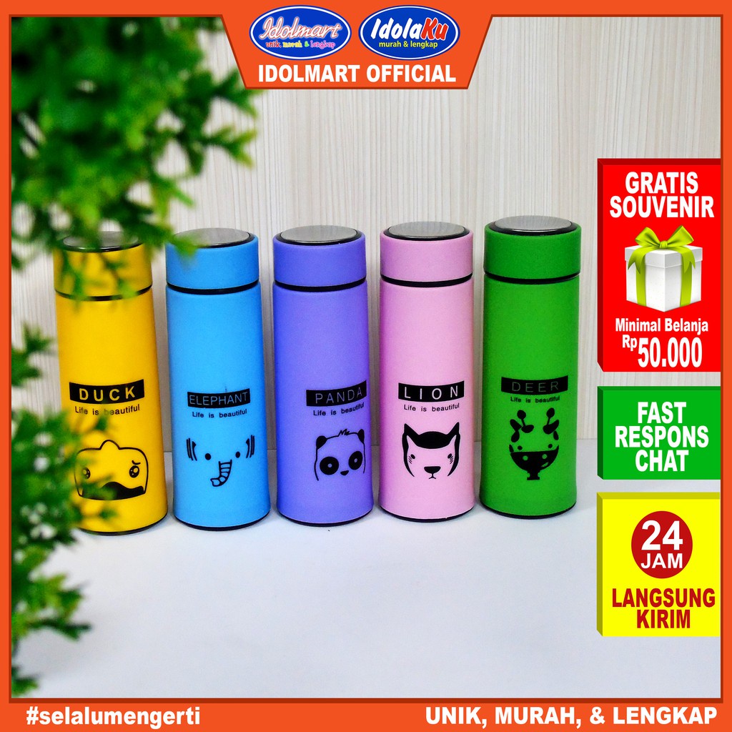 IDOLMART Botol Minum Kaca Animal lucu 500ml/ Beling Cover Plastik /Original 60up