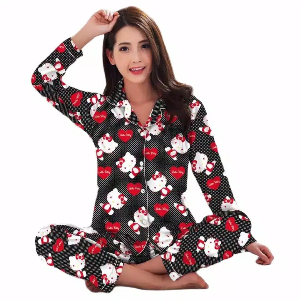 JNV Piyama PP Wanita Motif Karakter Kartun 02 - Baju Tidur Lengan Panjang - Bahan Katun-HK New Love Hitam