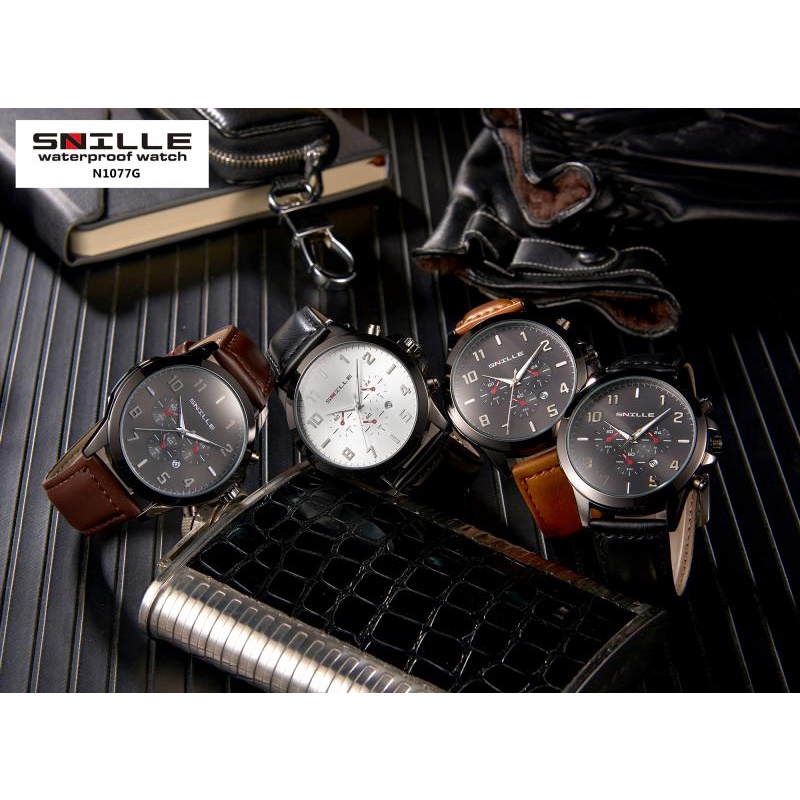 Snille Jam Tangan Kulit Pria Original Asli Anti Air Waterproof 1077 || TANGGAL AKTIF