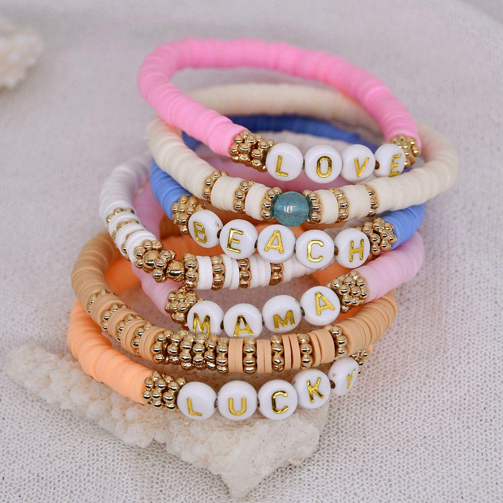 Mxbeauty Wanita Gelang Tanah Liat Elastis Fashion Warna-Warni Hadiah Manik-Manik Huruf Pantai Bangles