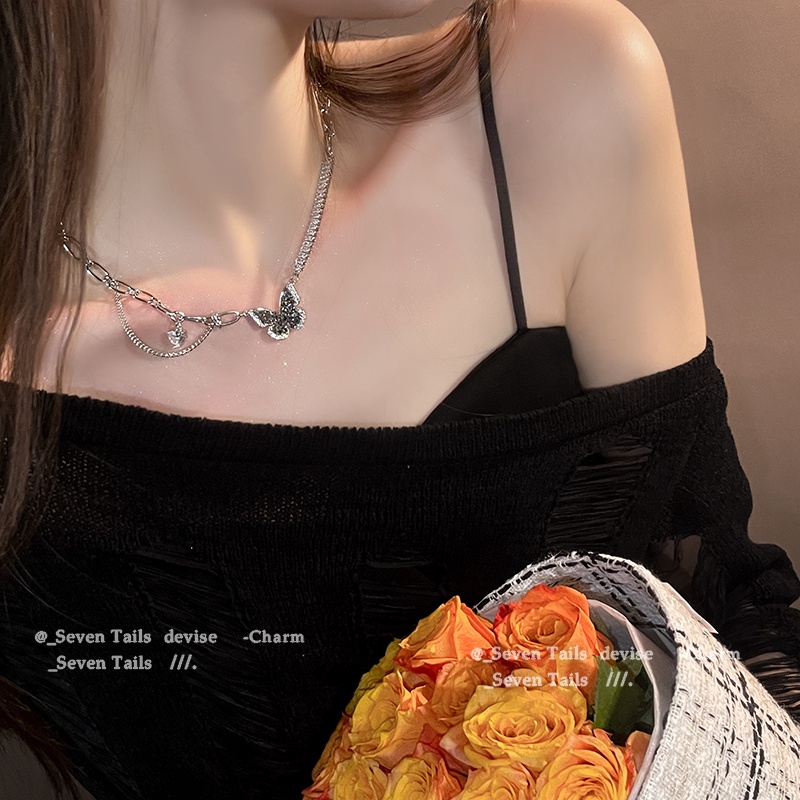 AY(CN) Kalung Rantai Choker Desain Kupu-Kupu Hati Rumbai Bahan Zirkon Warna Hitam Untuk Wanita