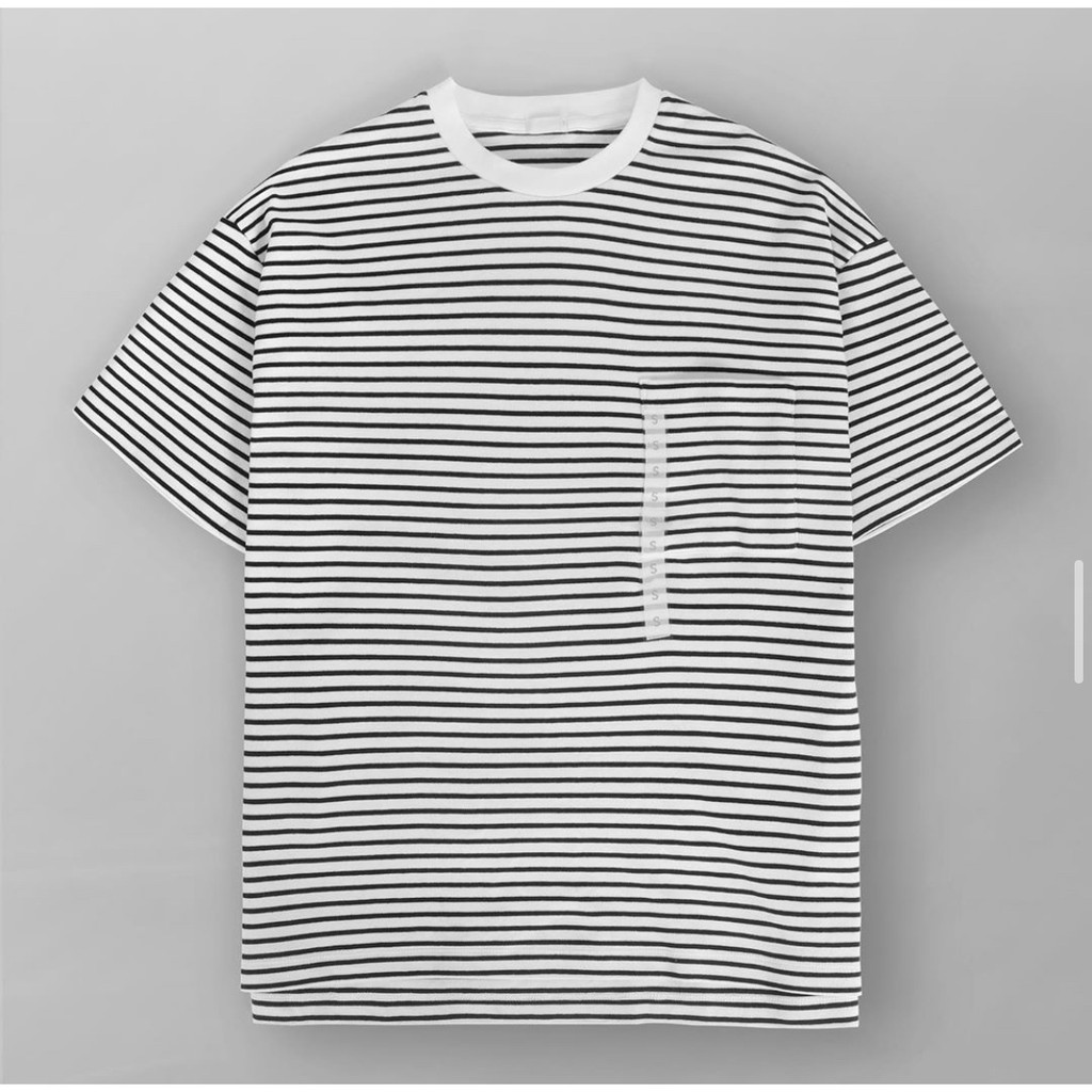Kaos Baju Gu by Uniqlo Oversized Pocket Tee Black White Striped