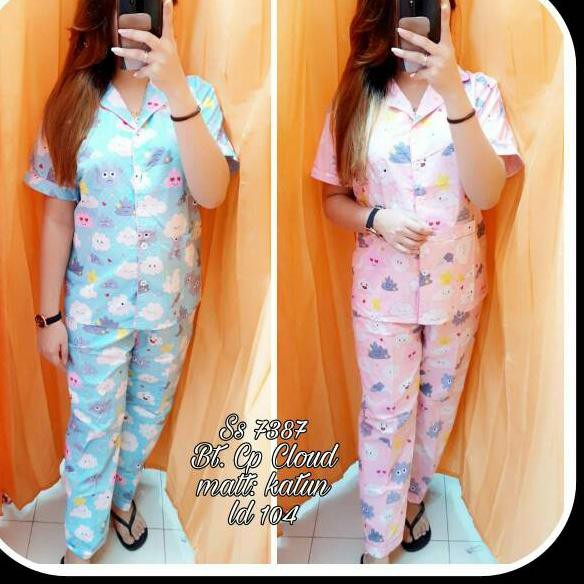 HNM alvin.store BAJU TIDUR PIYAMA / PAJAMAS DEWASA CP AWAN HAPPY 2W - KATUN JEPANG / FIT TO XL Terba