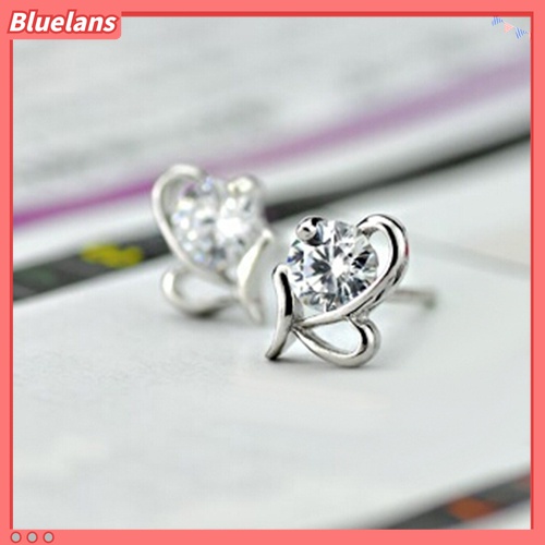 Anting Stud 925 Sterling Silver Bentuk Hati Bulat Aksen Zircon Untuk Wanita