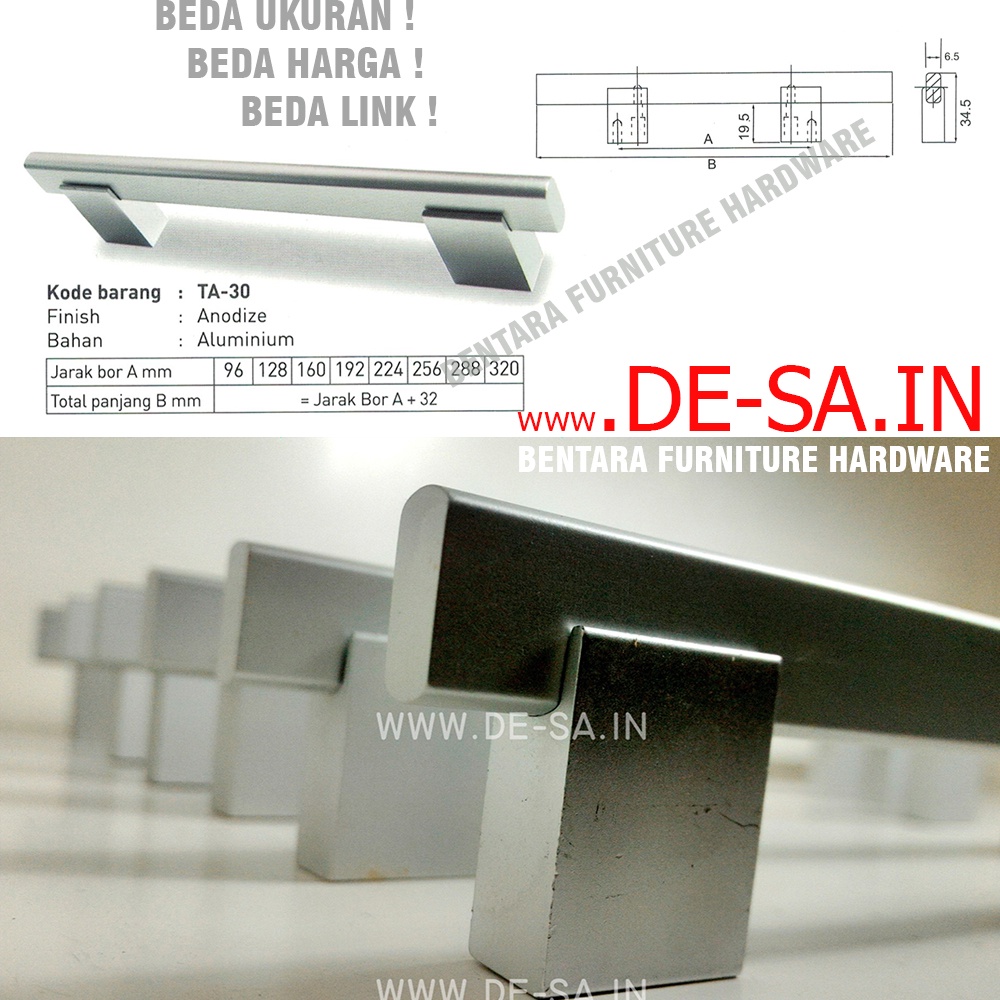 Huben TA-30 128 MM - Tarikan Laci Meja Lemari Kabinet Gagang Pintu Handle Aluminium Anodize Meja Lemari Kabinet (Sekitar 12 - 13 - 14 - 15 - 16 cm )