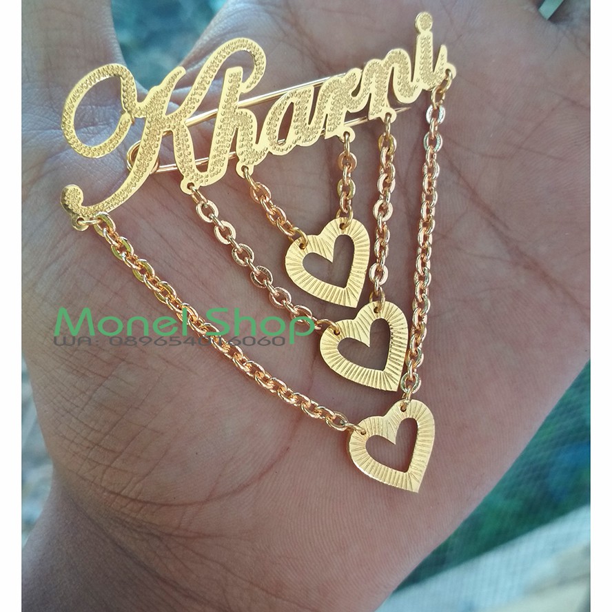 Bross Nama – Pin Nama – Bros Cetak Nama pasir - love - rantai Kuningan Lapis emas