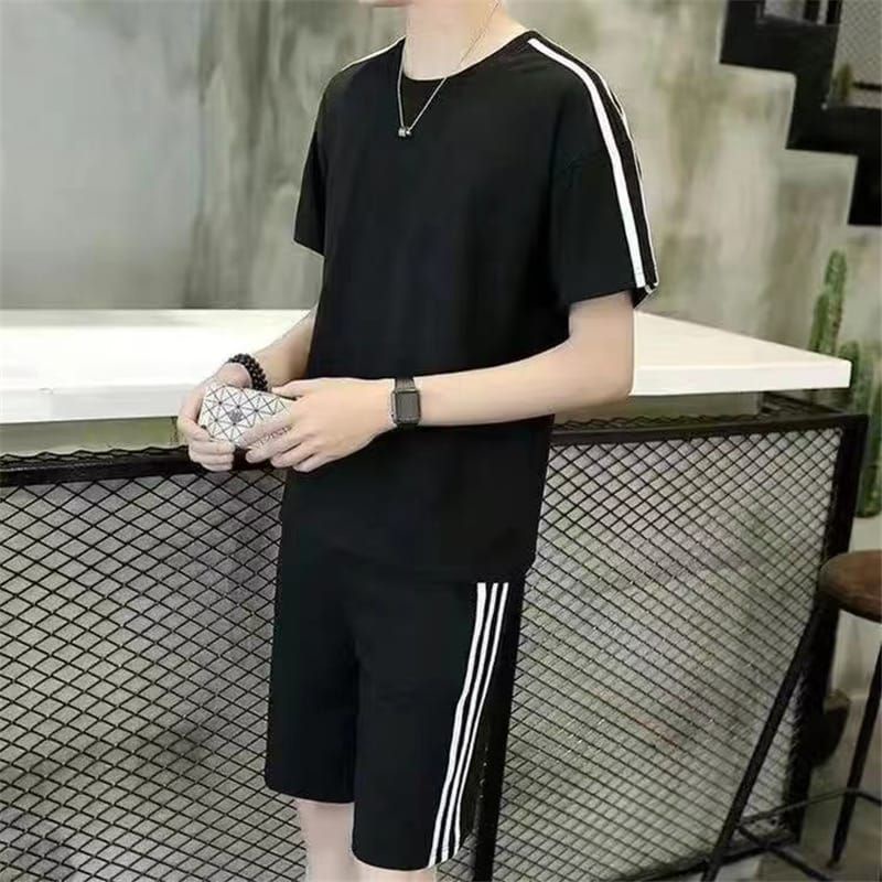 Kaos pria SET baju + celana  pendek Olahraga rekreasi Halus 5 warna L-- 3XL - pakaian pria - setelan